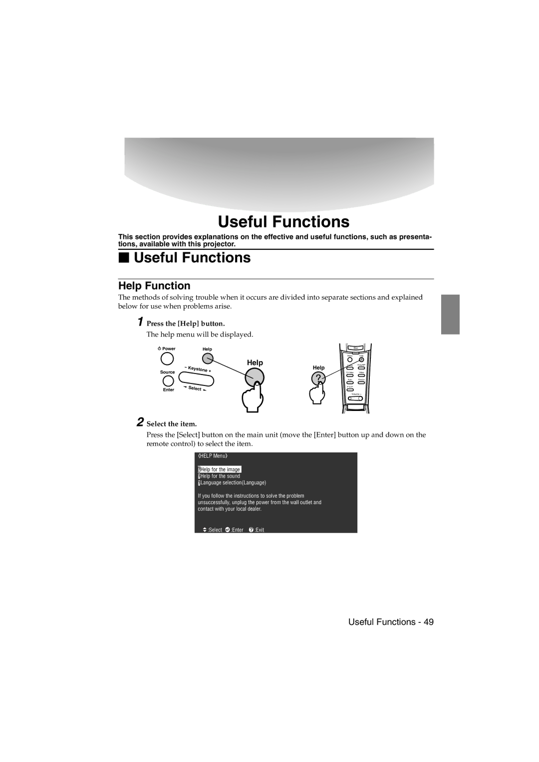 Epson EMP-715/505 manual Useful Functions, Help Function, Press the Help button, Select the item 