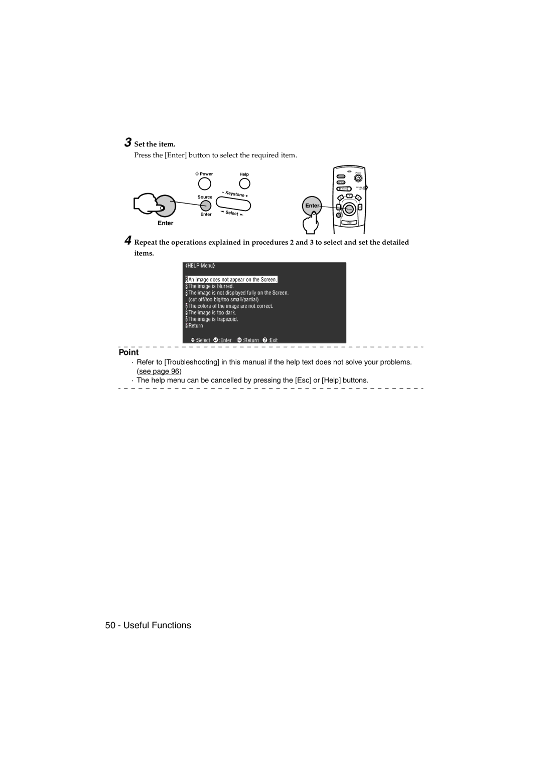 Epson EMP-715/505 manual Set the item 