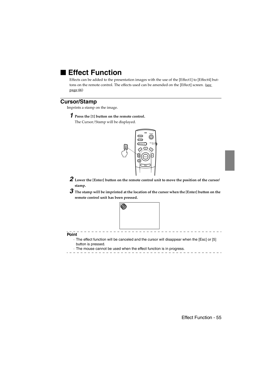 Epson EMP-715/505 manual Effect Function, Cursor/Stamp, Press the 1 button on the remote control 