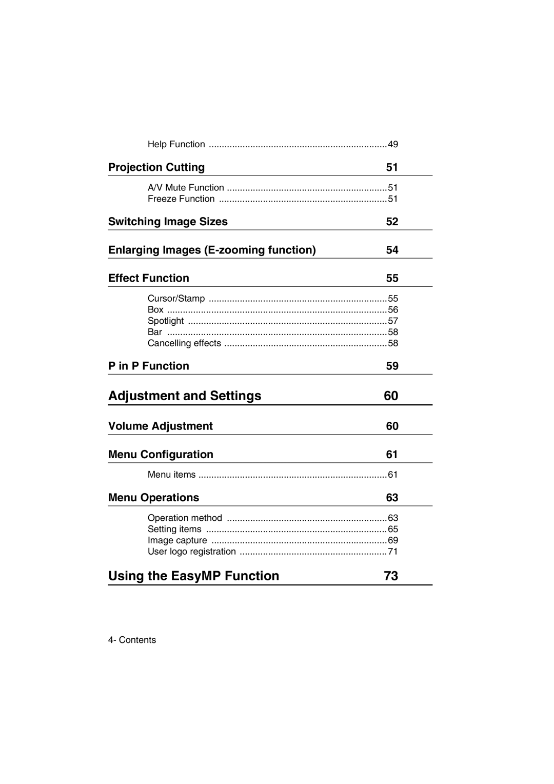 Epson EMP-715/505 manual Projection Cutting, P Function, Volume Adjustment Menu Configuration, Menu Operations 