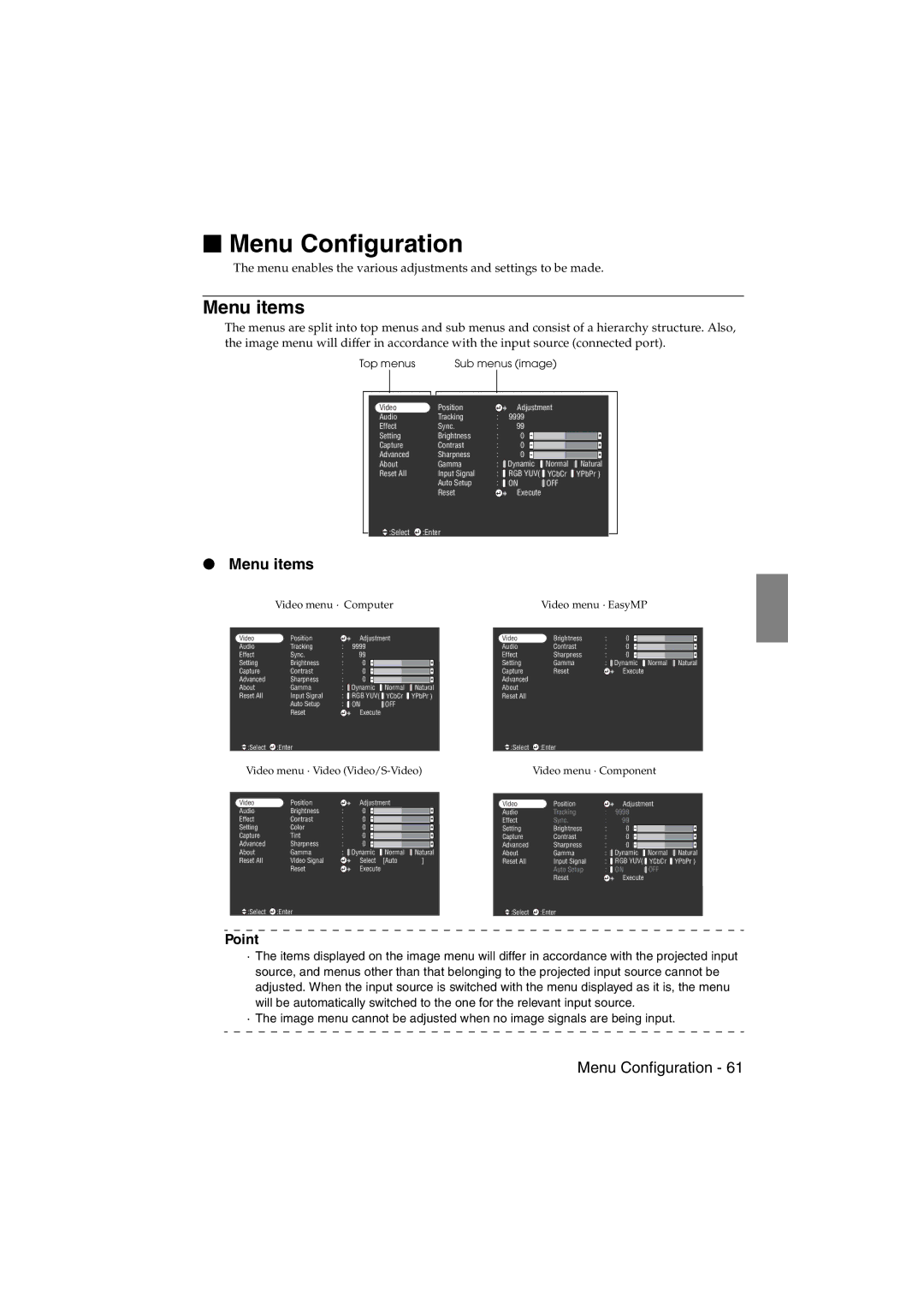 Epson EMP-715/505 manual Menu Configuration, Menu items 