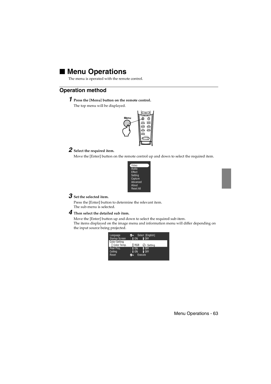 Epson EMP-715/505 manual Menu Operations, Operation method 