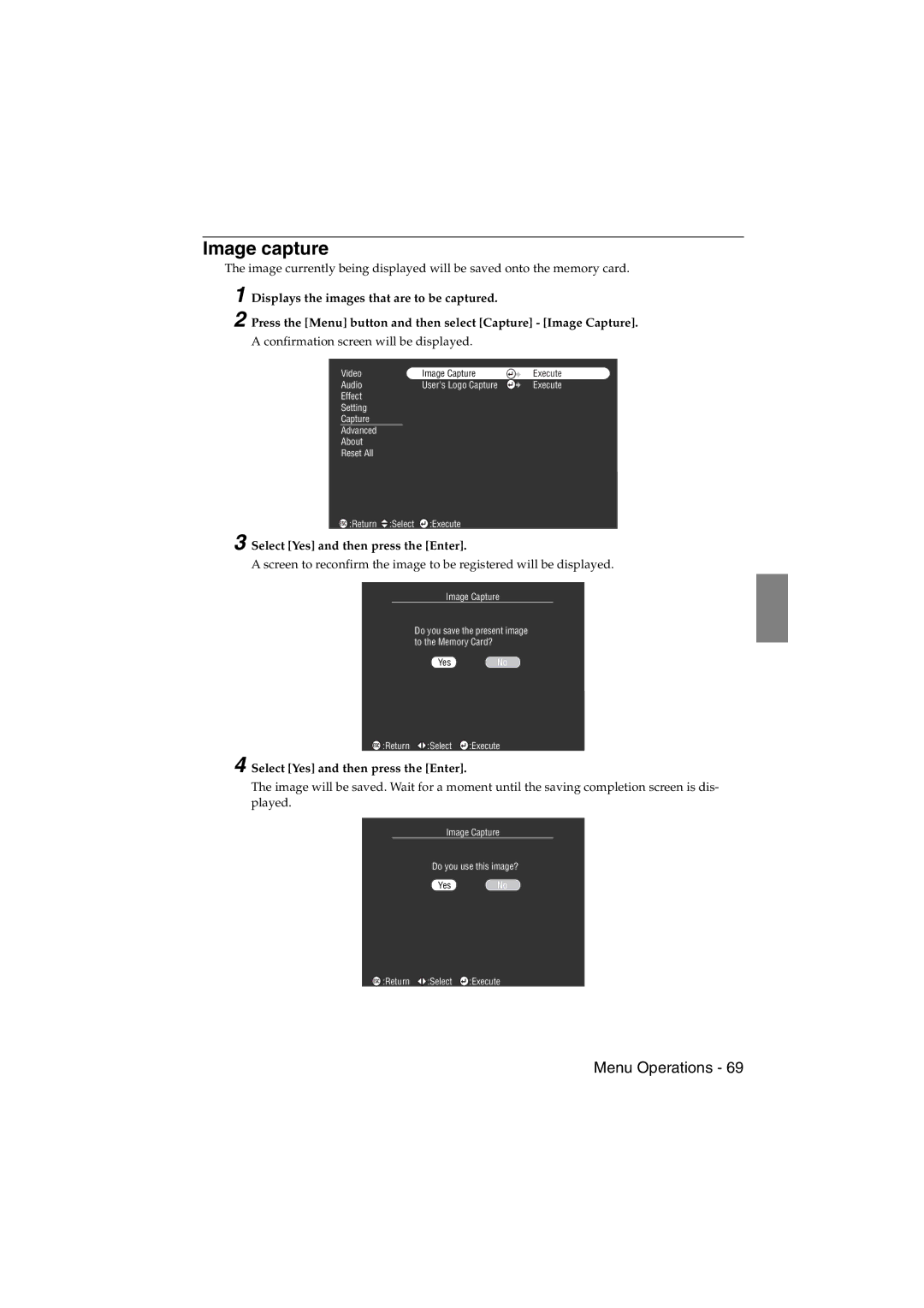 Epson EMP-715/505 manual Image capture, Select Yes and then press the Enter 