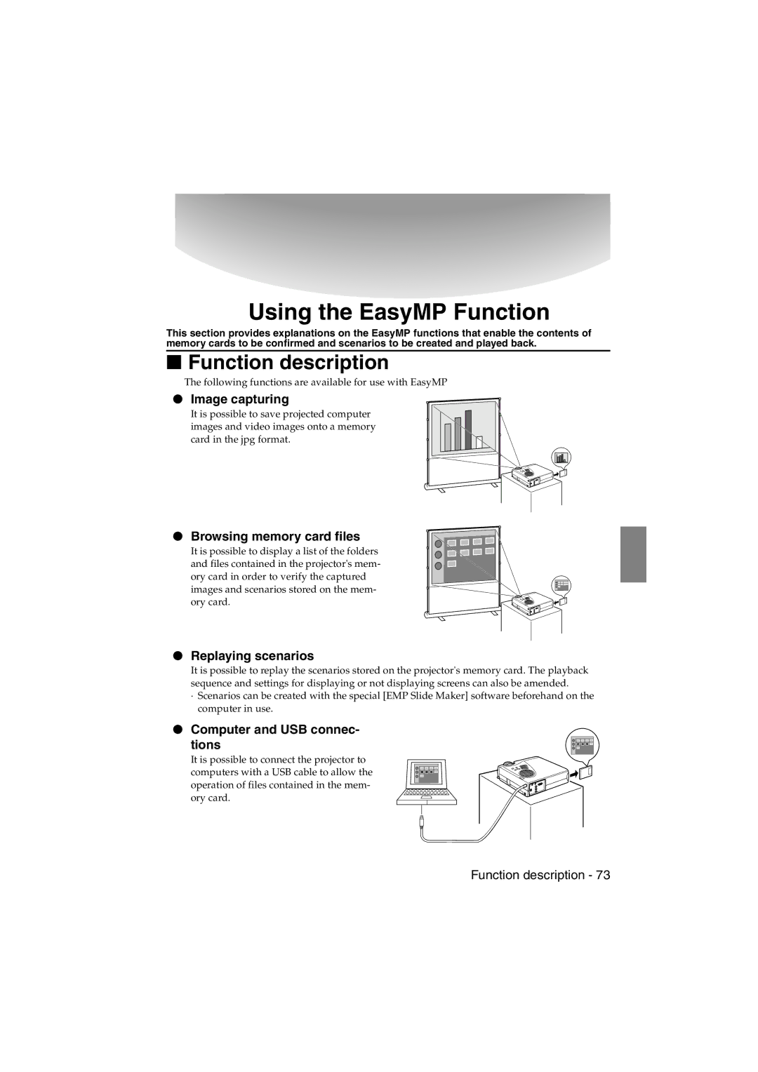 Epson EMP-715/505 manual Function description, Image capturing, Browsing memory card files, Replaying scenarios 