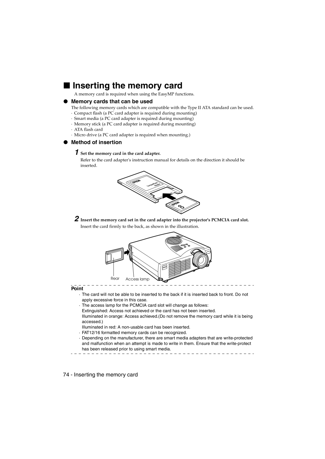 Epson EMP-715/505 manual Inserting the memory card, Memory cards that can be used, Method of insertion 