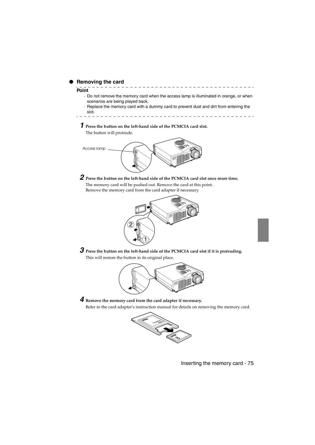 Epson EMP-715/505 manual Removing the card, Remove the memory card from the card adapter if necessary 