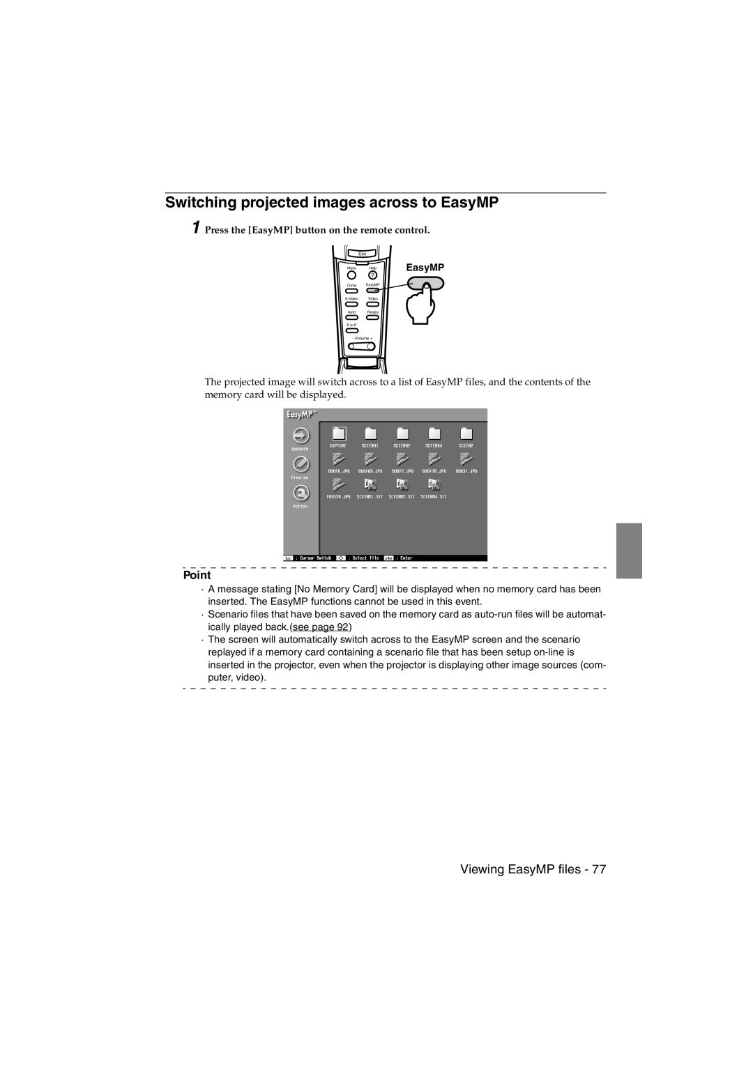 Epson EMP-715/505 manual Switching projected images across to EasyMP, Press the EasyMP button on the remote control 