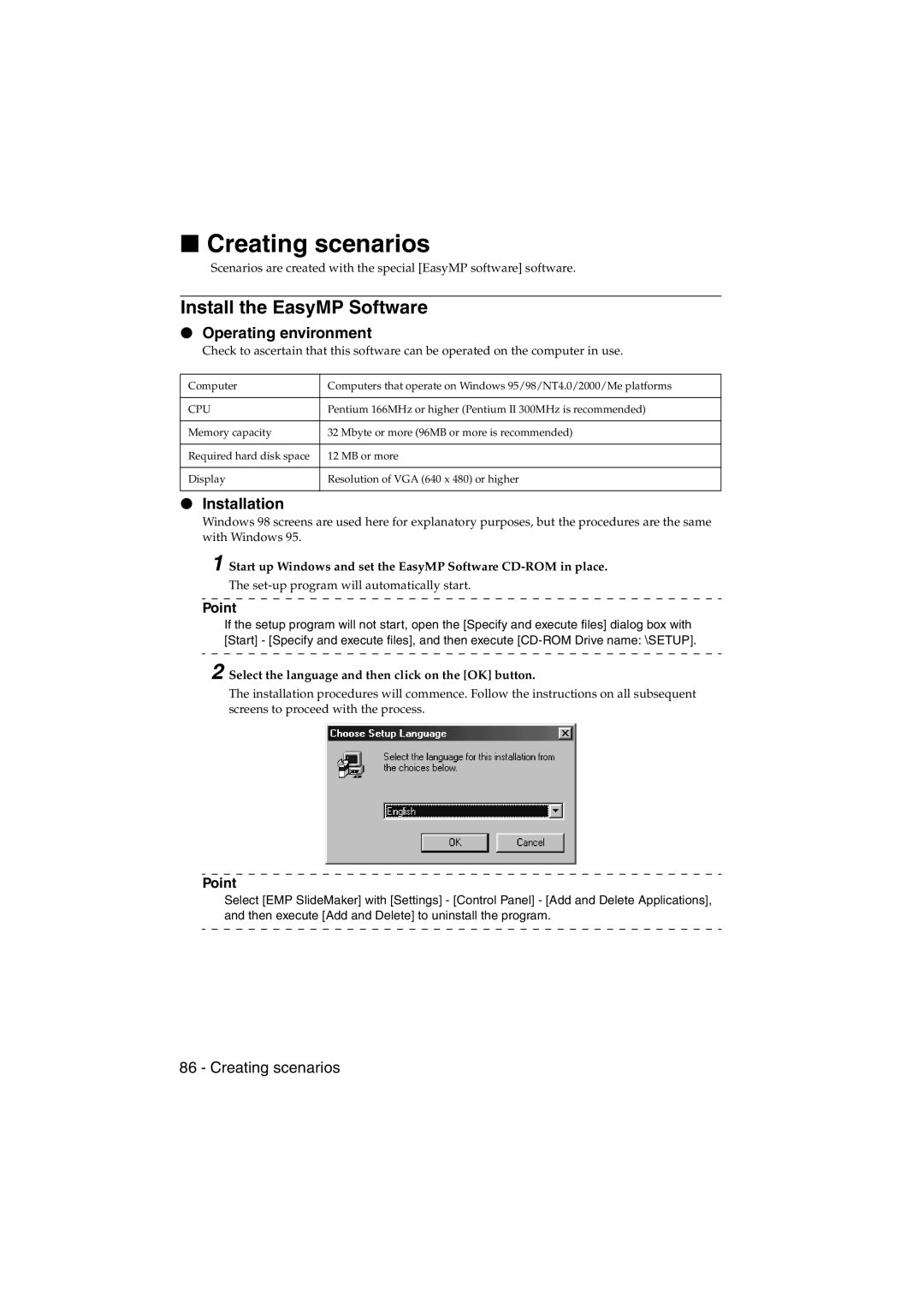 Epson EMP-715/505 manual Creating scenarios, Install the EasyMP Software, Operating environment, Installation 