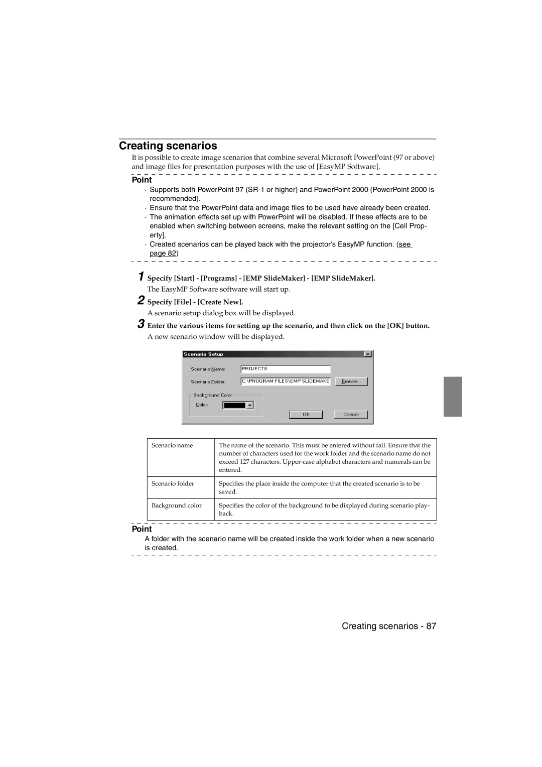 Epson EMP-715/505 manual Scenario setup dialog box will be displayed 