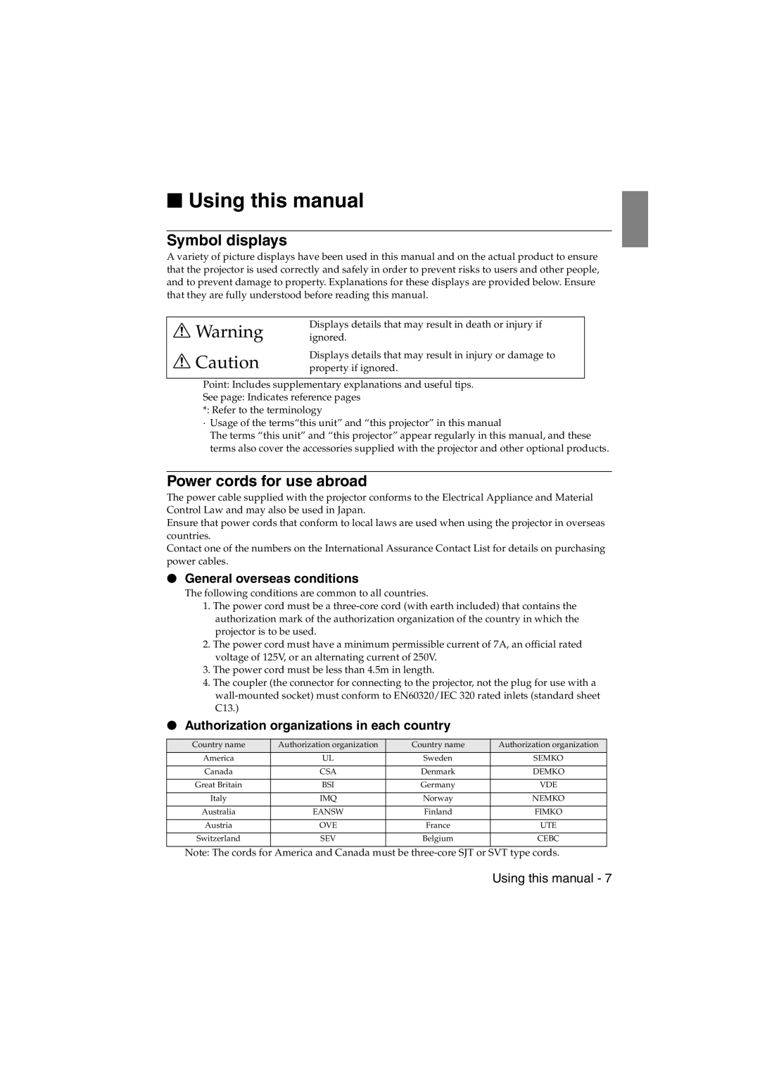 Epson EMP-715/505 Using this manual, Symbol displays, Power cords for use abroad, General overseas conditions 