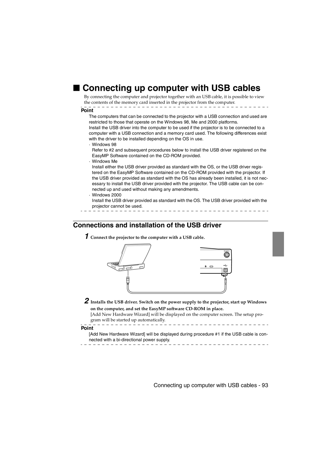 Epson EMP-715/505 manual Connecting up computer with USB cables, Connections and installation of the USB driver 