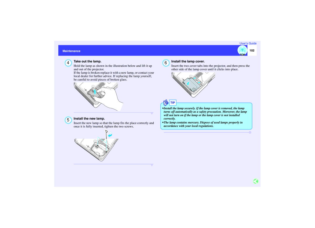 Epson EMP-732, EMP-740, EMP-737 manual Take out the lamp Install the lamp cover, Install the new lamp, 102 