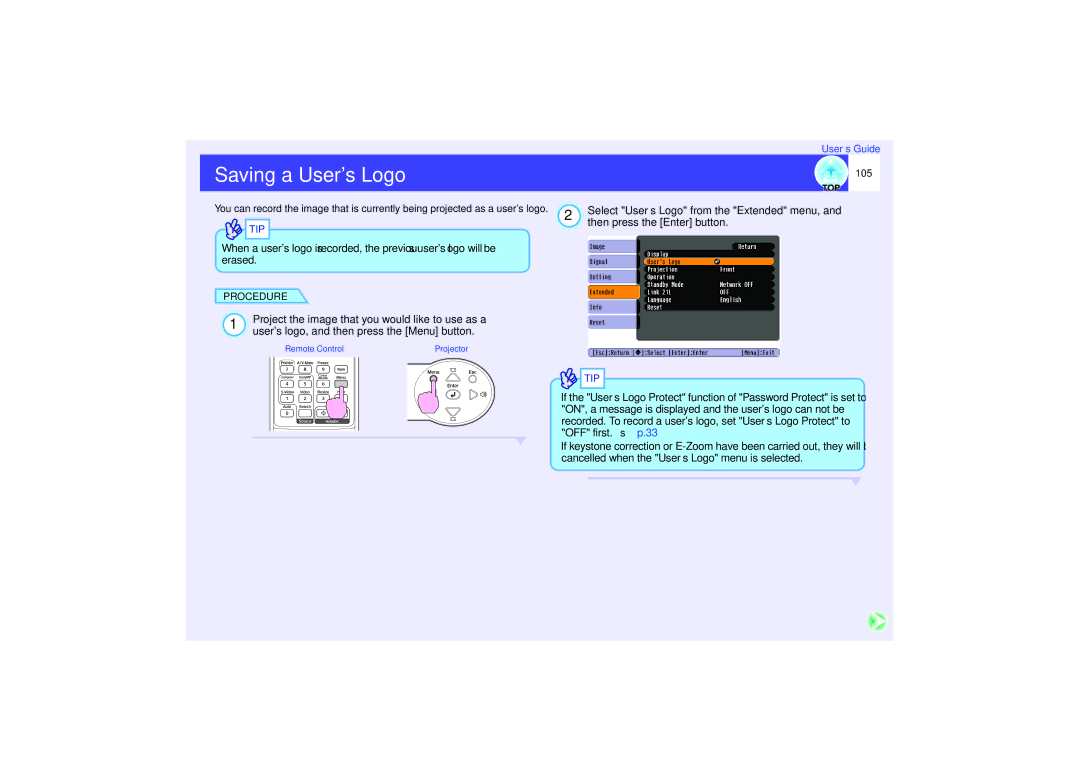 Epson EMP-732, EMP-740, EMP-737 manual Saving a Users Logo, Select User’s Logo from the Extended menu, 105 