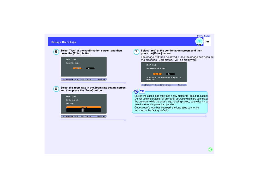 Epson EMP-740, EMP-732, EMP-737 manual Select Yes at the confirmation screen, and then, Press the Enter button, 107 