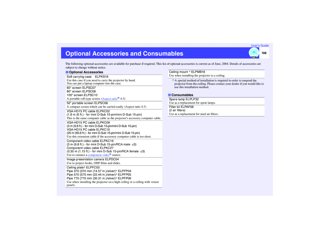 Epson EMP-732, EMP-740, EMP-737 manual Optional Accessories and Consumables, 108 