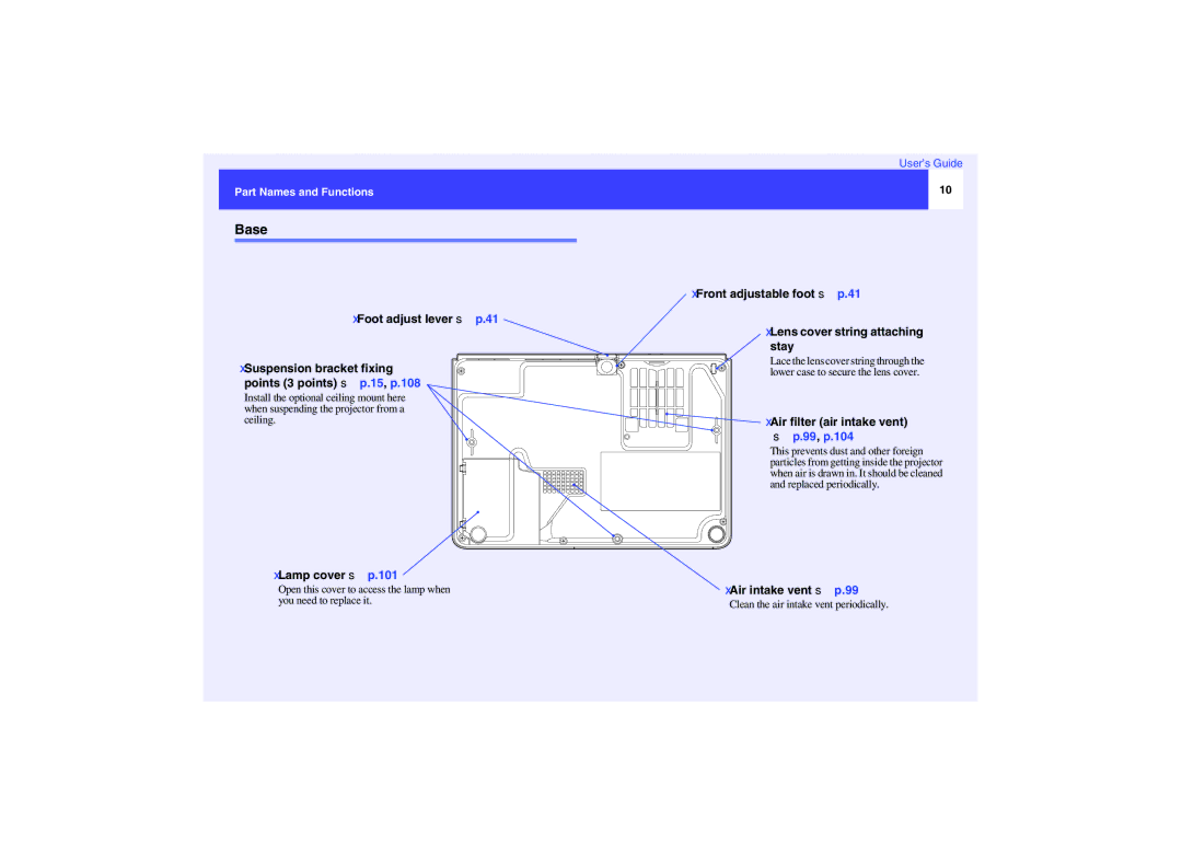 Epson EMP-737, EMP-740, EMP-732 Base, Lamp cover sp.101, Air filter air intake vent sp.99, p.104, Air intake vent sp.99 