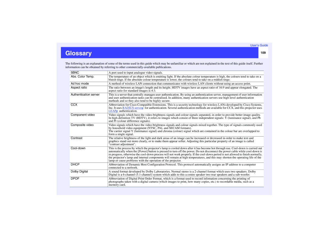 Epson EMP-737, EMP-740, EMP-732 manual Glossary, 109 