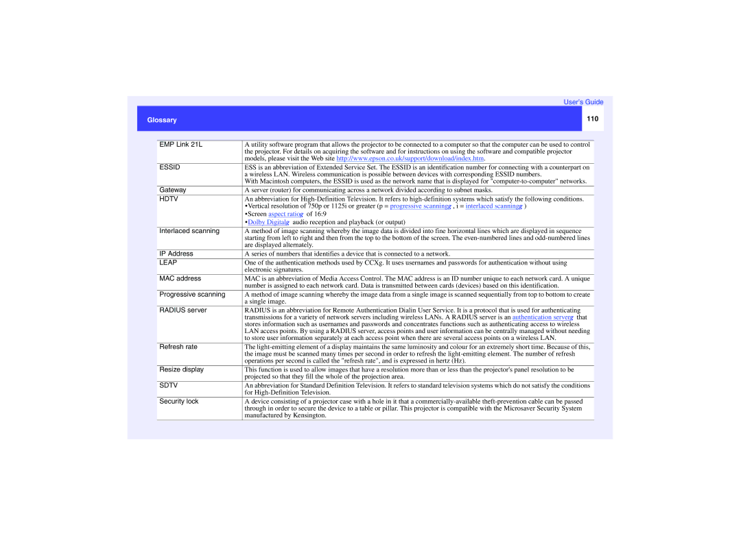 Epson EMP-740, EMP-732, EMP-737 manual Glossary, 110 