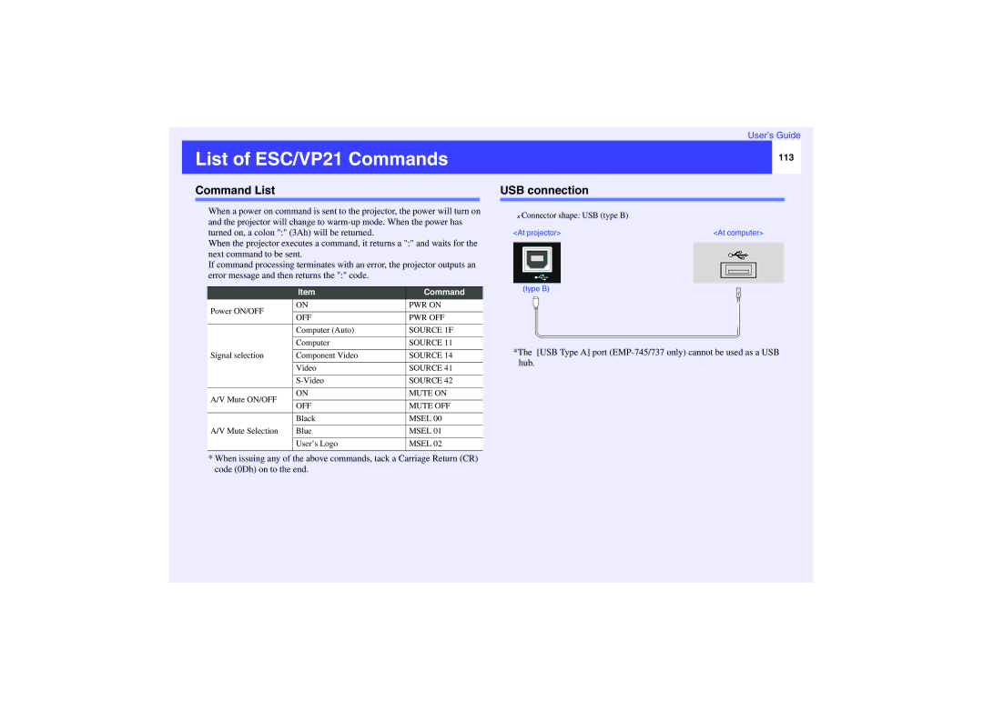 Epson EMP-740, EMP-732, EMP-737 manual List of ESC/VP21 Commands, Command List, USB connection, 113 