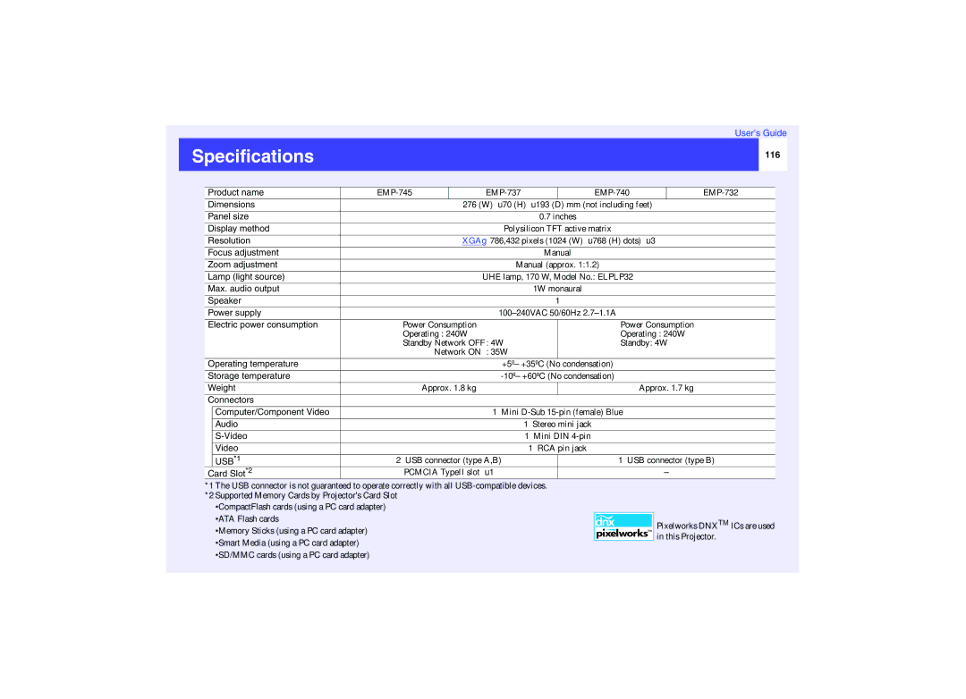 Epson EMP-740, EMP-732, EMP-737 manual Specifications, 116 