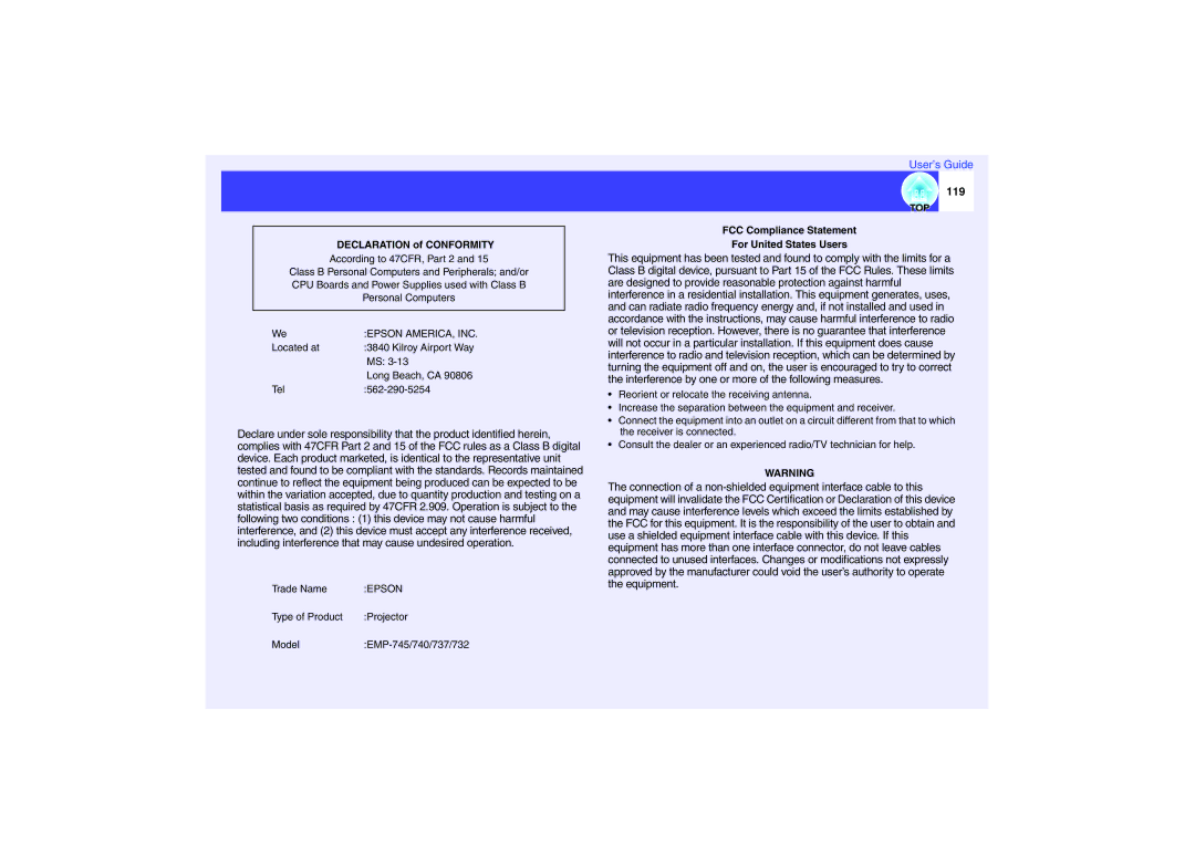 Epson EMP-740, EMP-732, EMP-737 manual 119, Declaration of Conformity 