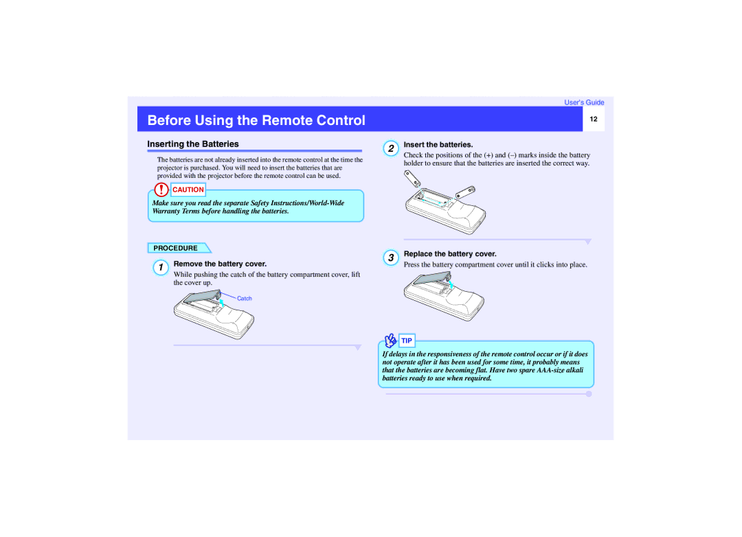 Epson EMP-732, EMP-740, EMP-737 manual Before Using the Remote Control, Inserting the Batteries, Insert the batteries 