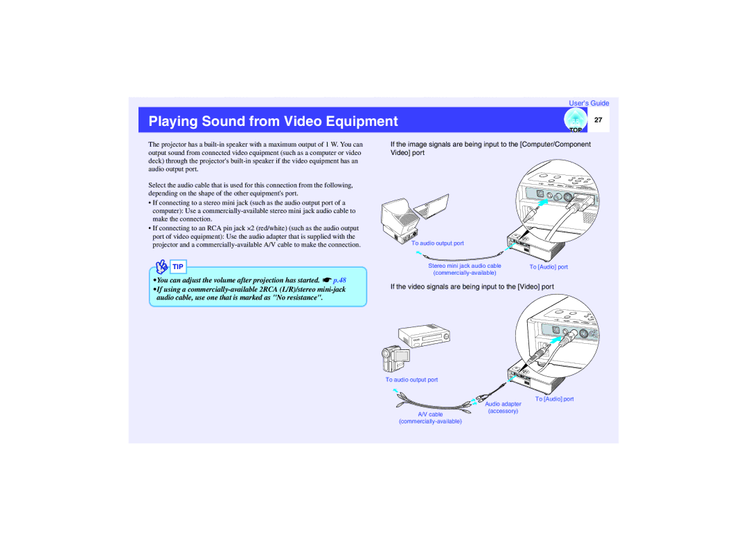 Epson EMP-732, EMP-740, EMP-737 Playing Sound from Video Equipment, If the video signals are being input to the Video port 