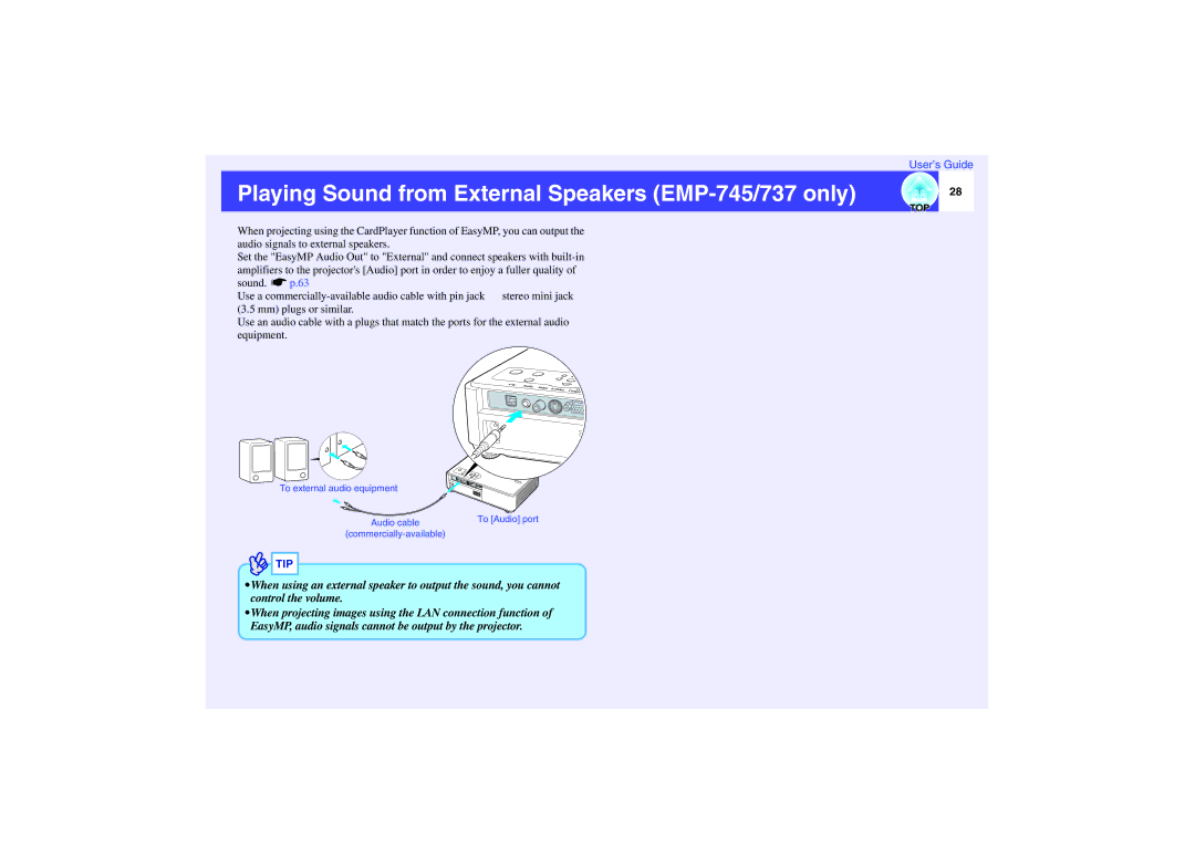 Epson EMP-737, EMP-740, EMP-732 manual Playing Sound from External Speakers EMP-745/737 only 