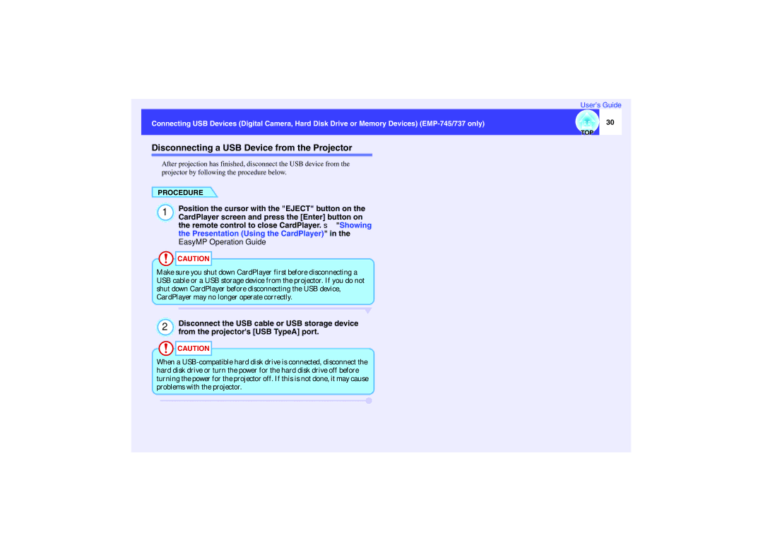 Epson EMP-732, EMP-740, EMP-737 Disconnecting a USB Device from the Projector, Position the cursor with the Eject button on 