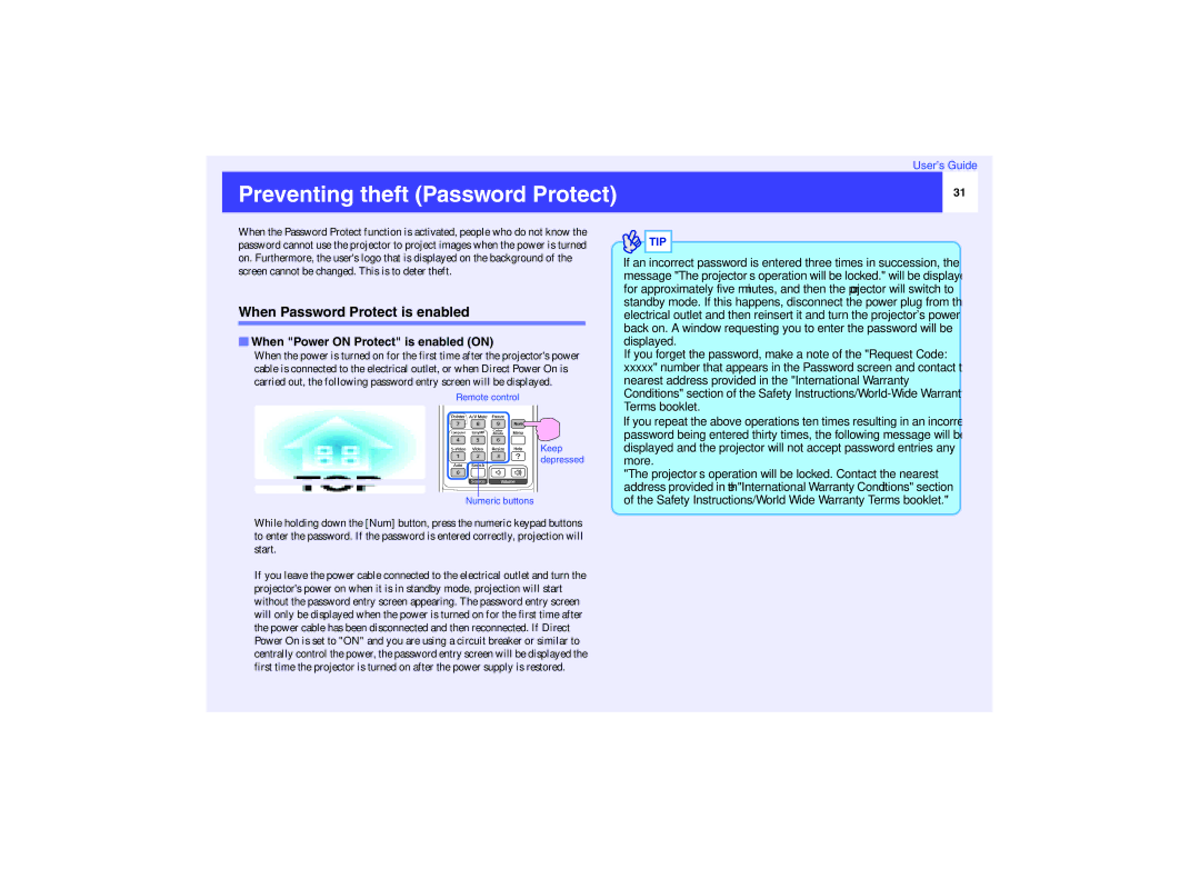 Epson EMP-737 Preventing theft Password Protect, When Password Protect is enabled, When Power on Protect is enabled on 