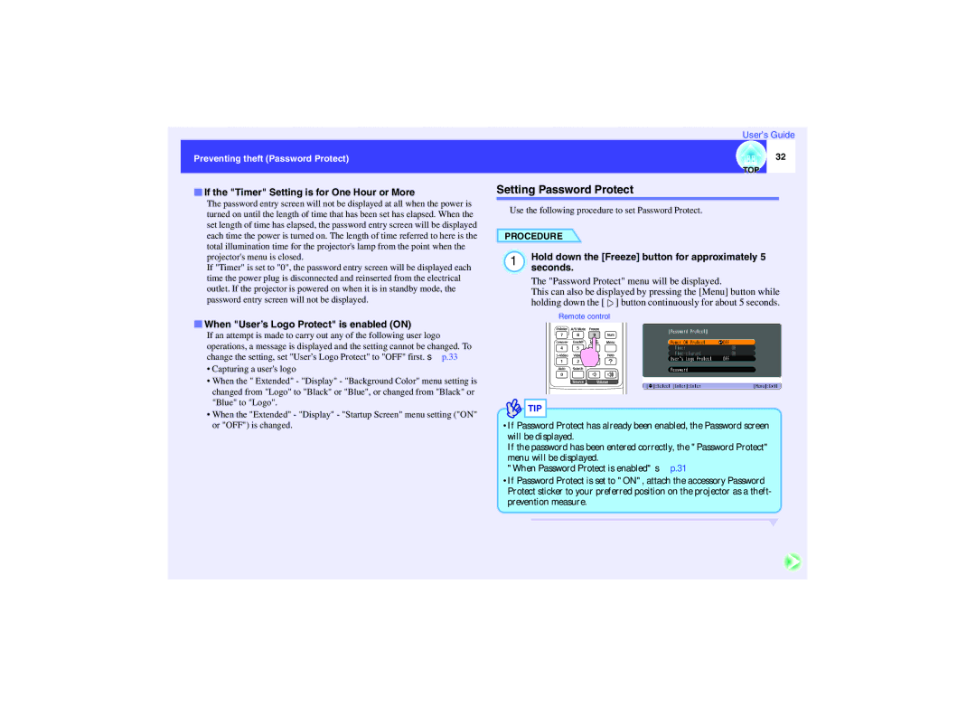 Epson EMP-740, EMP-732, EMP-737 manual Setting Password Protect, If the Timer Setting is for One Hour or More, Seconds 