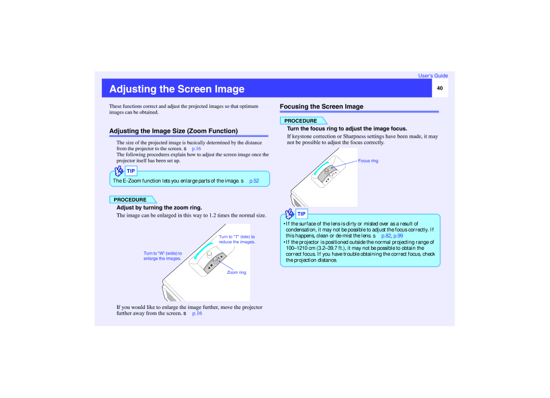 Epson EMP-737, EMP-740 manual Adjusting the Screen Image, Focusing the Screen Image, Adjusting the Image Size Zoom Function 