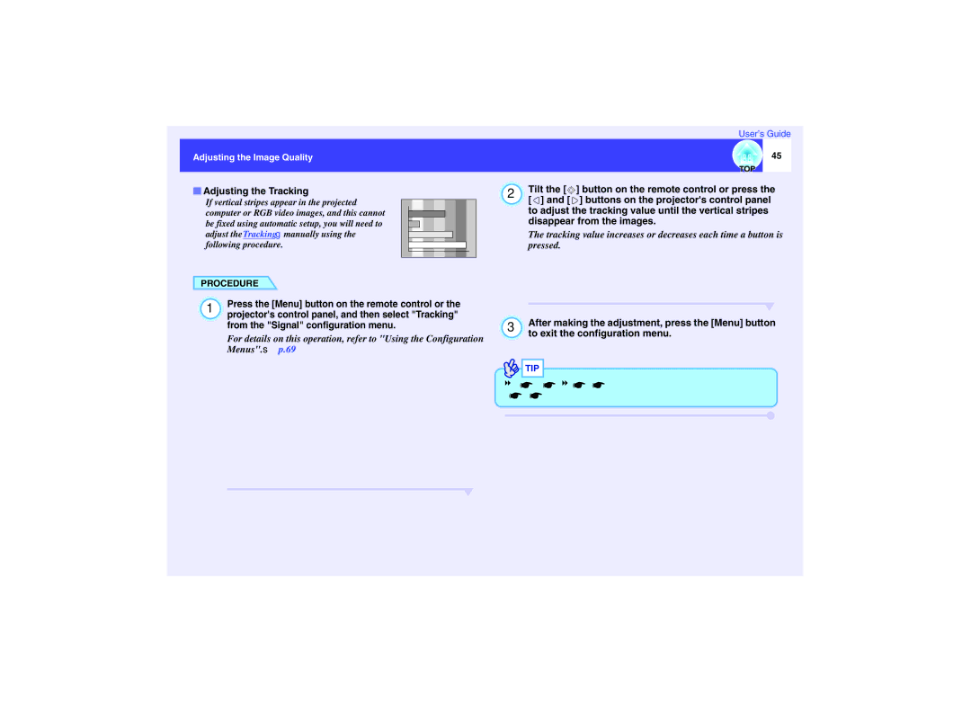 Epson EMP-732 Adjusting the Tracking, After making the adjustment, press the Menu button, To exit the configuration menu 