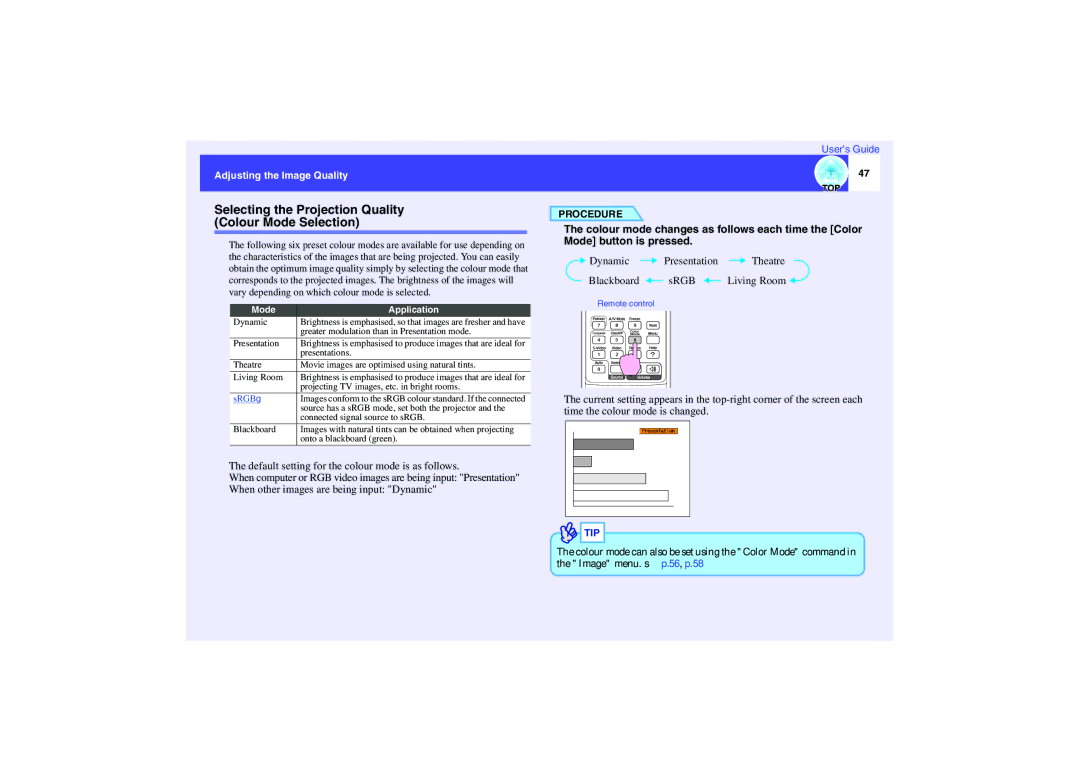 Epson EMP-740, EMP-732, EMP-737 manual Selecting the Projection Quality Colour Mode Selection 