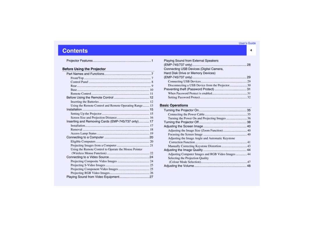 Epson EMP-737, EMP-740, EMP-732 manual Contents 