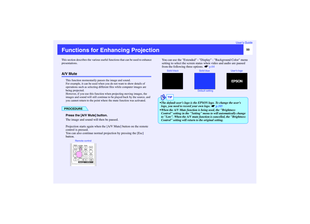 Epson EMP-740, EMP-732, EMP-737 manual Functions for Enhancing Projection, Press the A/V Mute button 