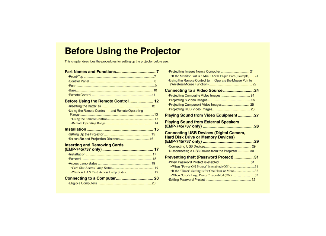 Epson EMP-732, EMP-740, EMP-737 manual Before Using the Projector, Part Names and Functions 