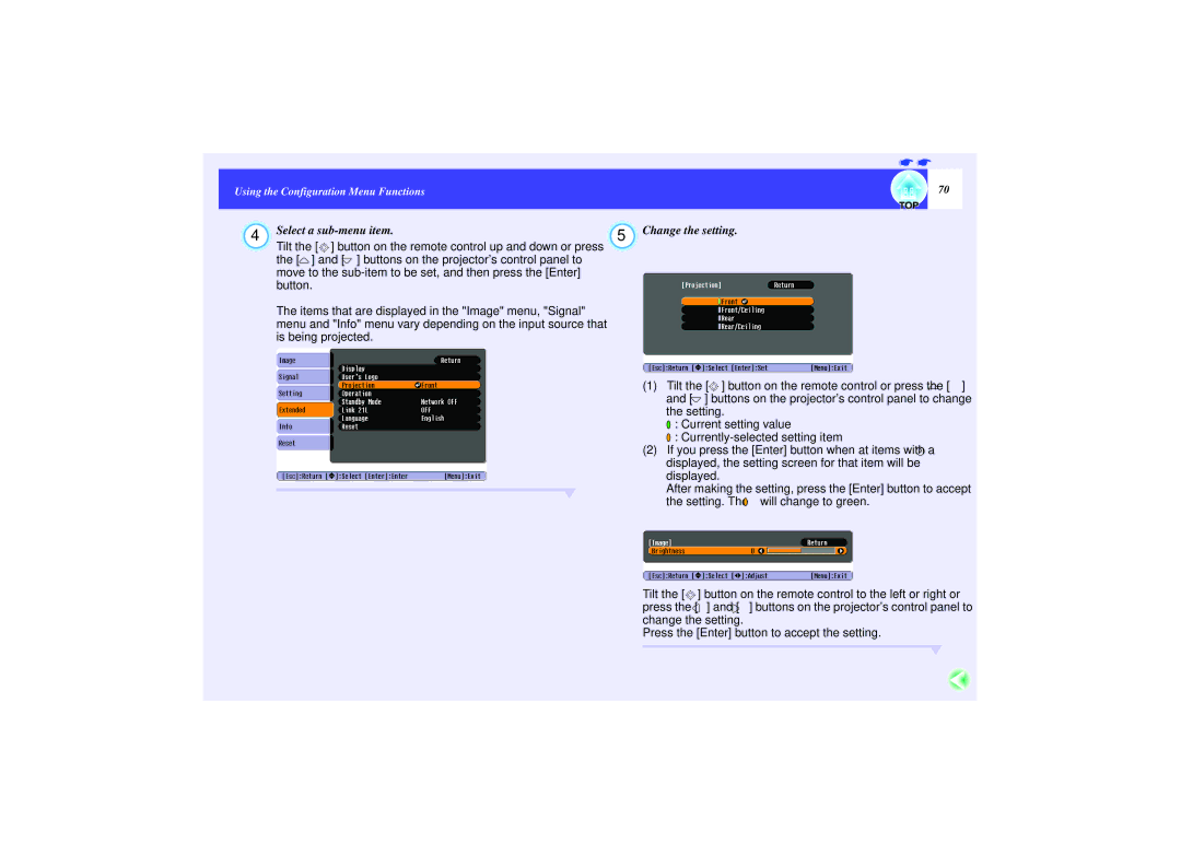 Epson EMP-737, EMP-740, EMP-732 manual Select a sub-menu item Change the setting, Example 