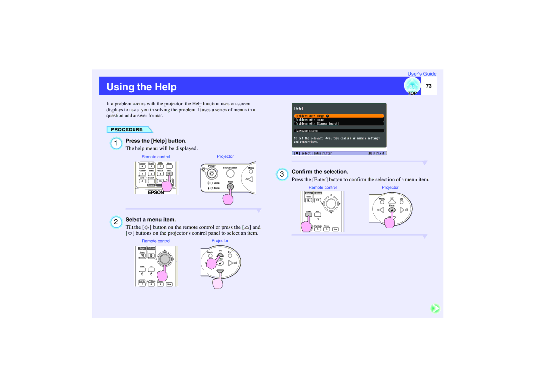 Epson EMP-737, EMP-740, EMP-732 manual Using the Help, Press the Help button 