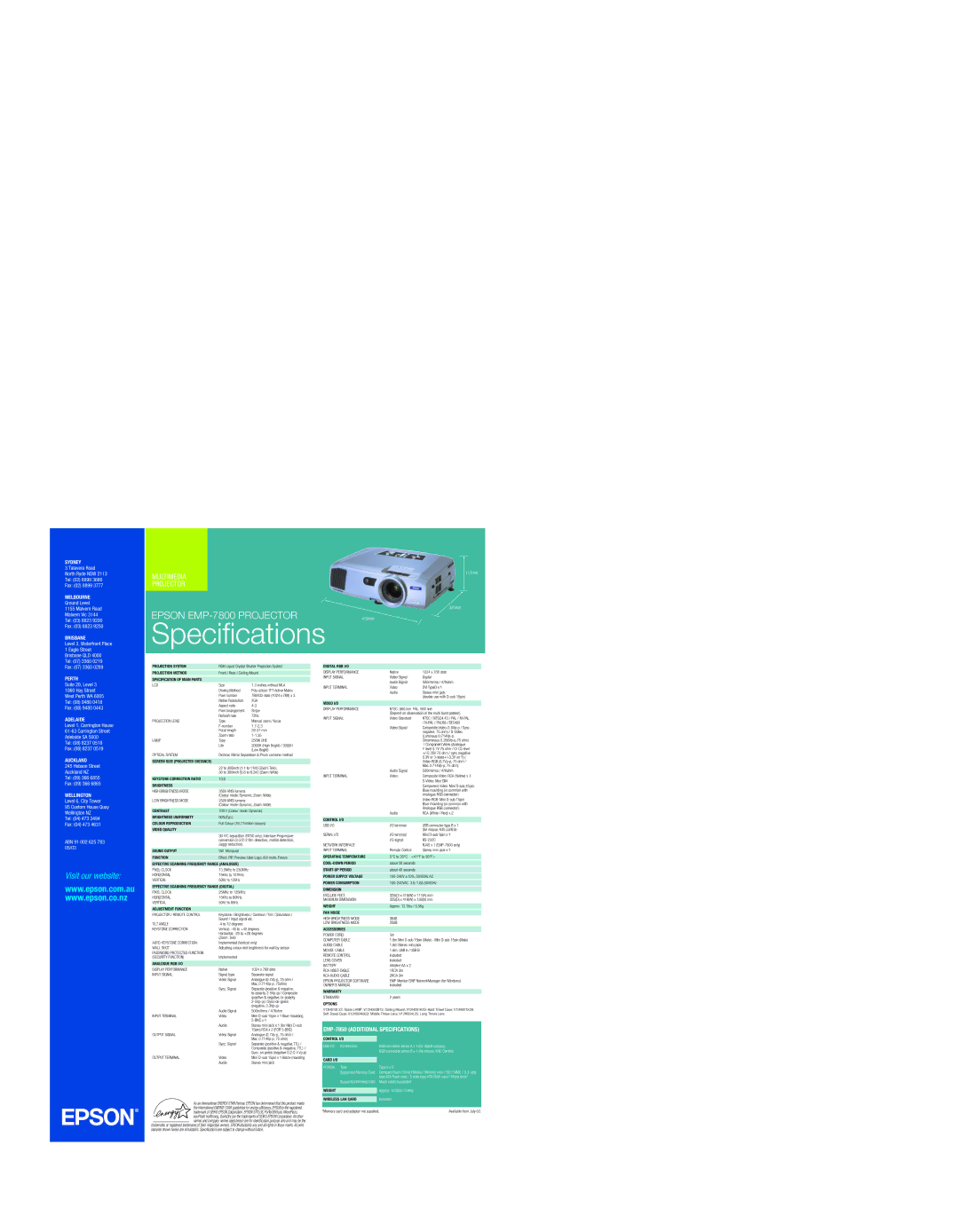 Epson EMP-7800 specifications Specifications 