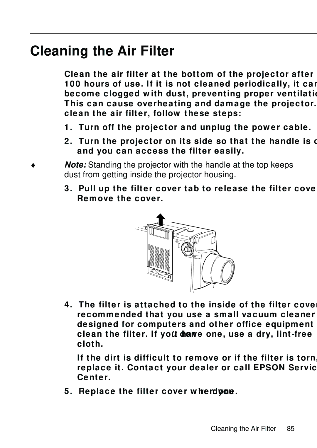 Epson EMP-8000 manual Cleaning the Air Filter 