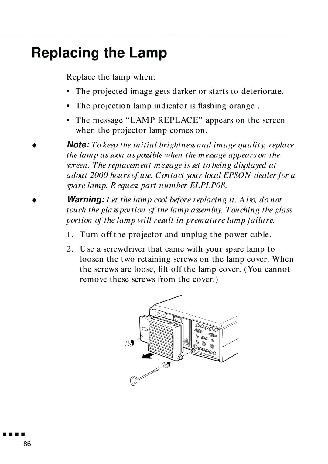 Epson EMP-8000 manual Replacing the Lamp 