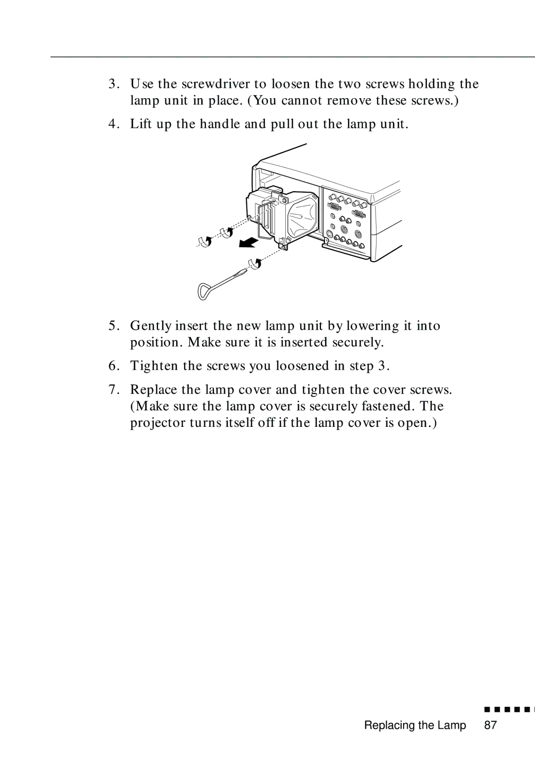 Epson EMP-8000 manual Replacing the Lamp 