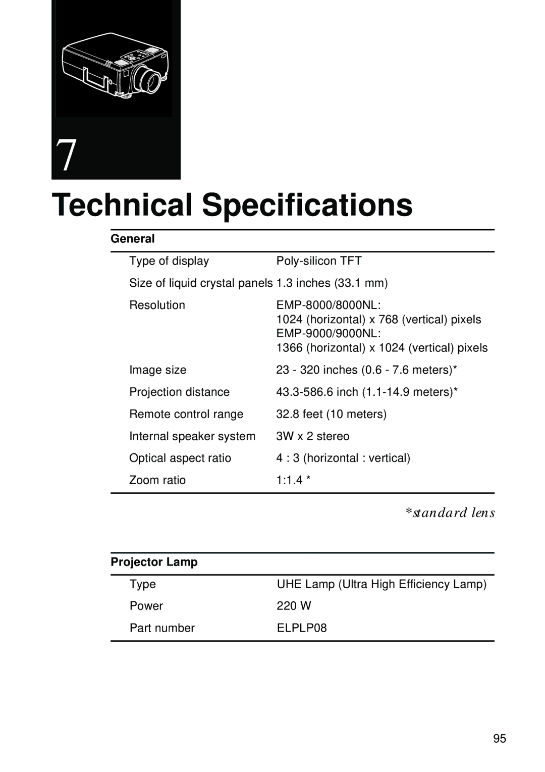 Epson EMP-8000 manual Technical Speciﬁcations, General 