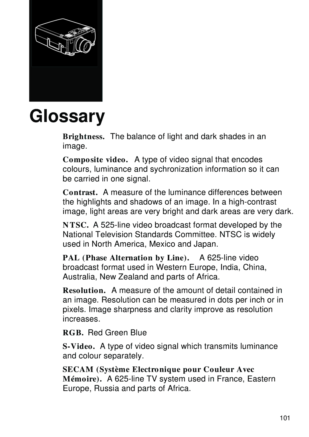 Epson EMP-8000 manual Glossary 