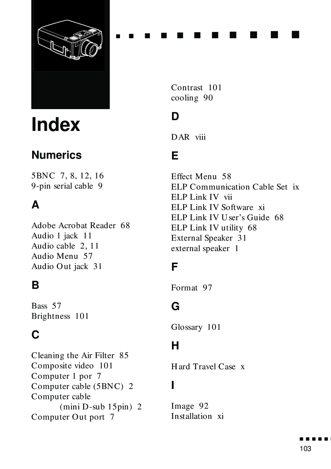 Epson EMP-8000 manual Index, Numerics 