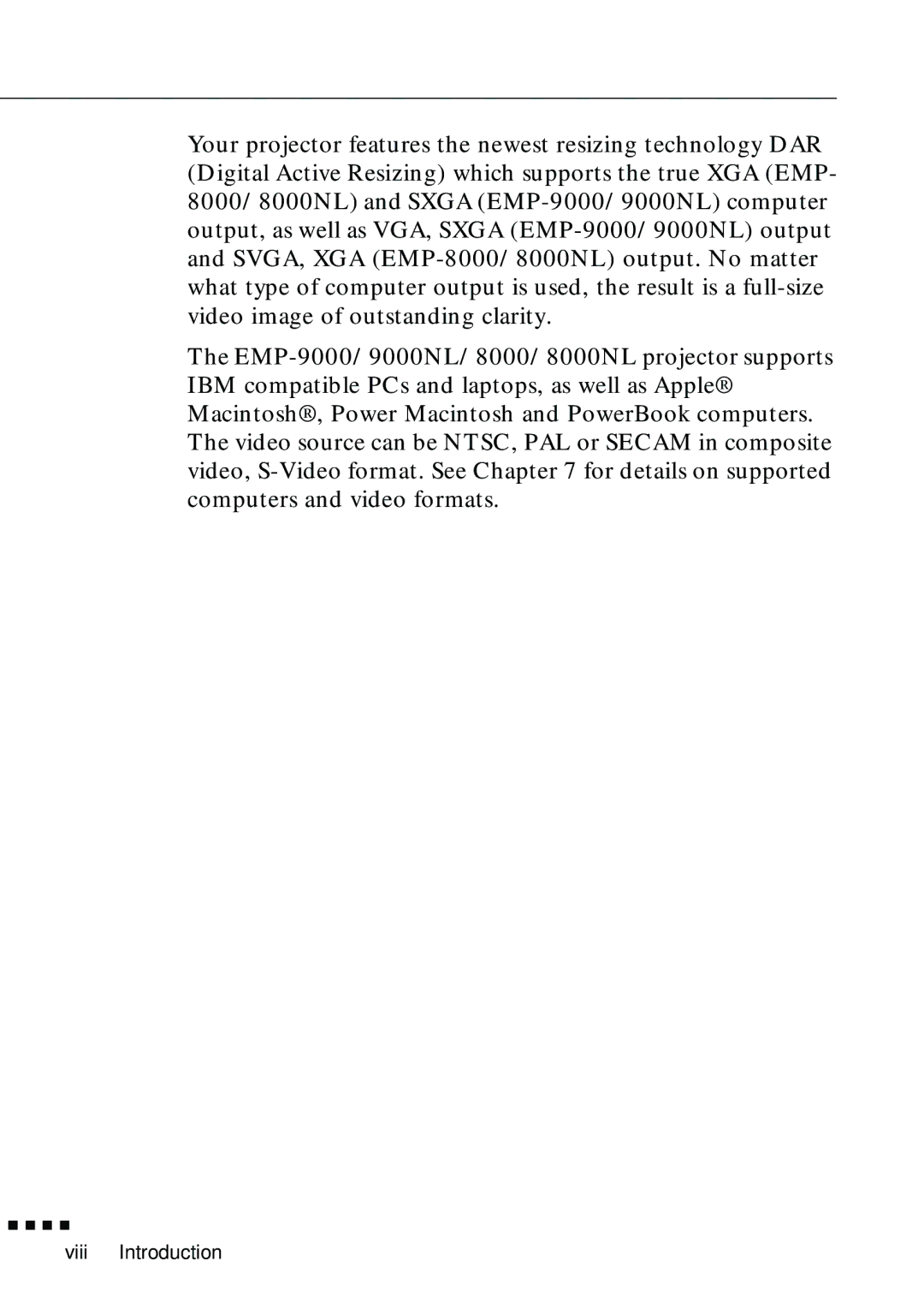 Epson EMP-8000 manual Viii Introduction 