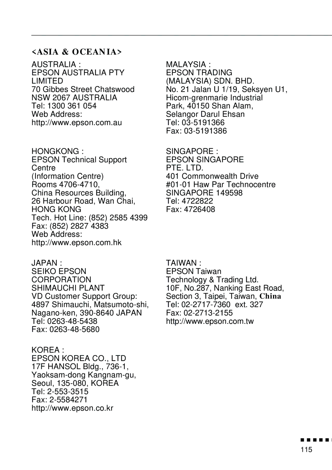 Epson EMP-8000 manual Asia & Oceania 