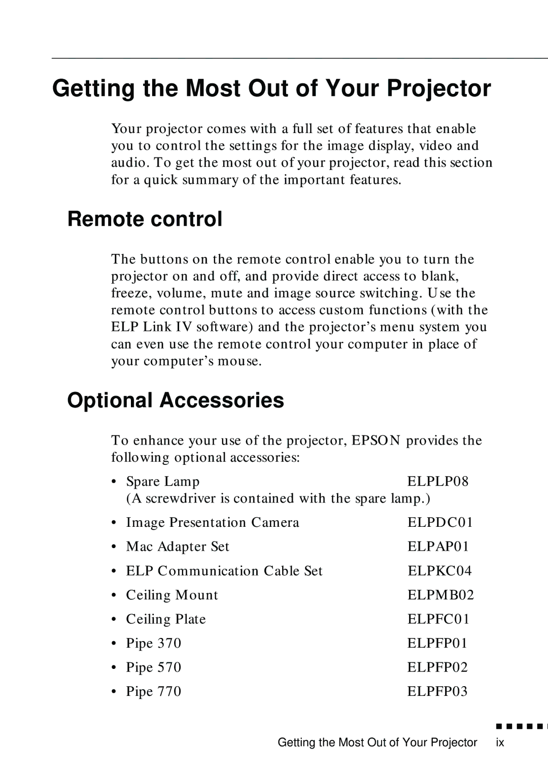 Epson EMP-8000 manual Getting the Most Out of Your Projector, Remote control, Optional Accessories 