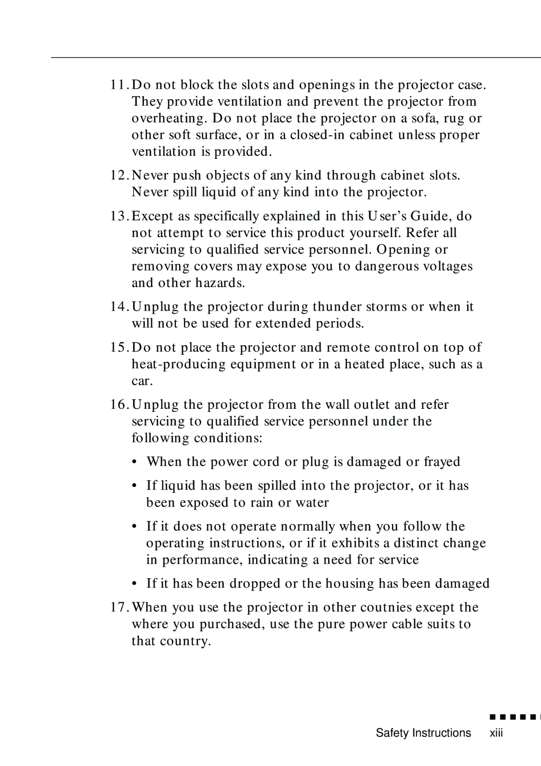 Epson EMP-8000 manual Safety Instructions Xiii 